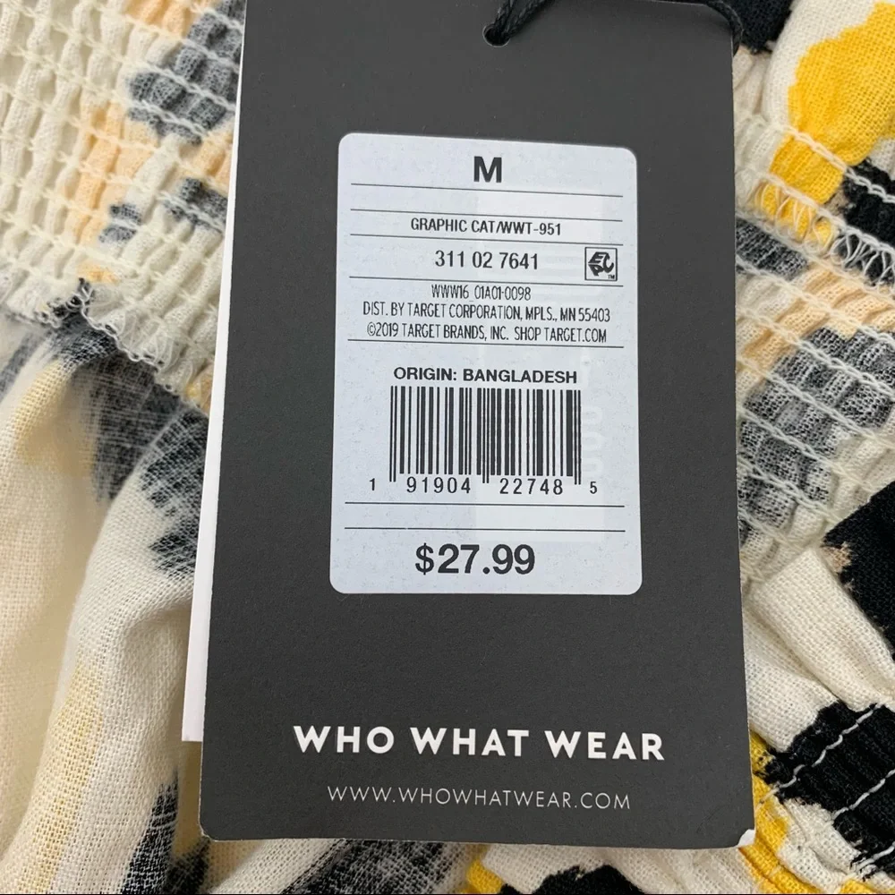 Who What Wear Linen Graphic Cat Smocked Off The Shoulder Short Sleeve Blouse Nwt - Picture 14 of 16